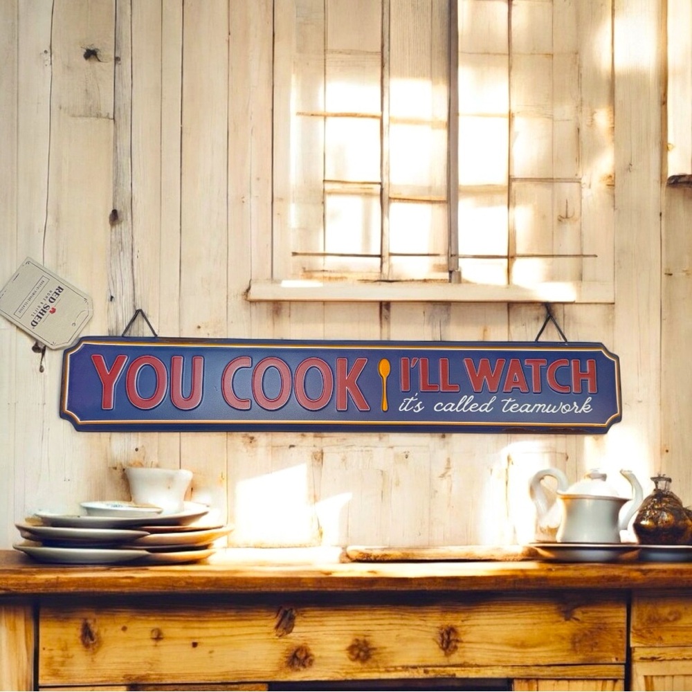 Red Shed “You Cook I’ll Watch” Whimsical Rustic Distressed Tin Kitchen Sign NEW